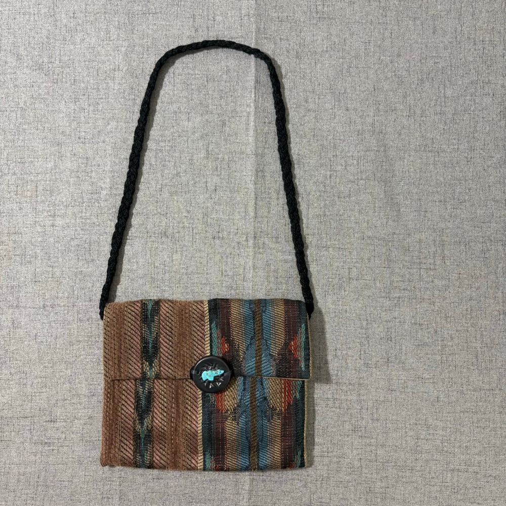 Woven Southwestern Style Crossbody Bag with Turquoise Bear Button